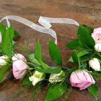 Pink Ranunculus & White Spray Rose Crown