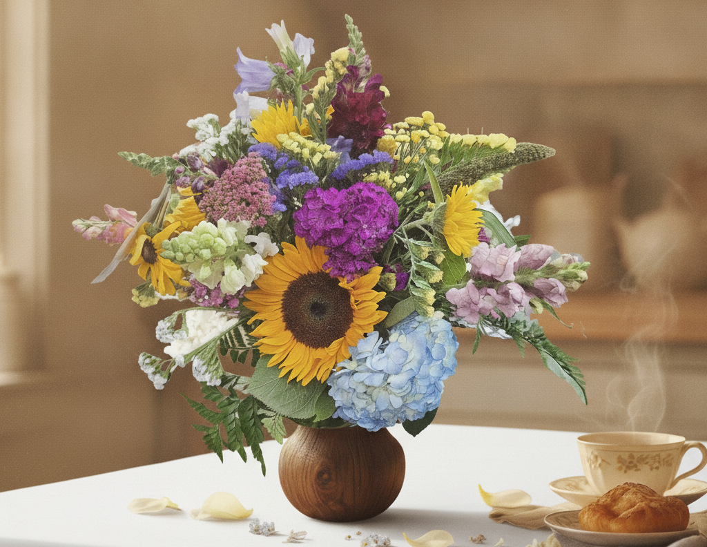 Close-up of a vibrant sunflower and blue hydrangea bouquet in a wooden vase on a crisp white tablecloth in a bright kitchen