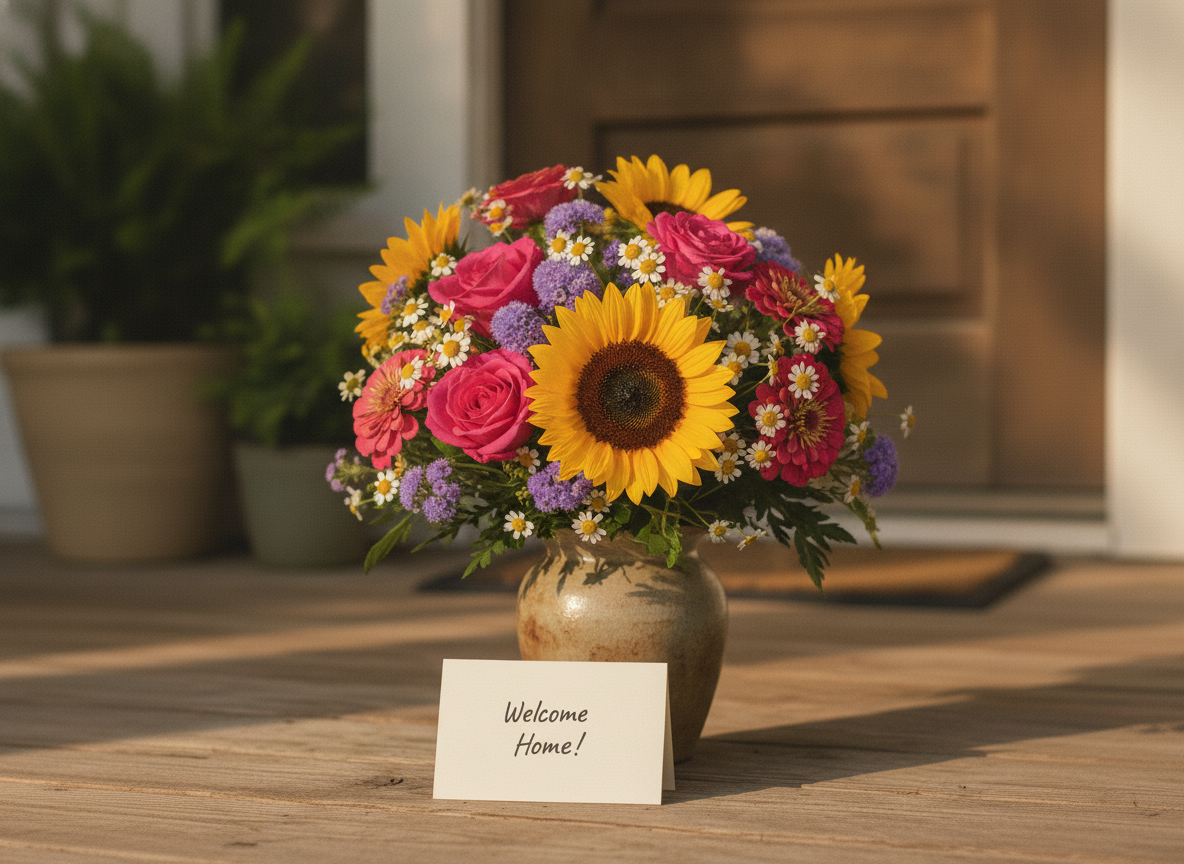Vibrant late-summer seasonal floral bouquet featuring sunflowers, pink roses, and small delicate white daisies, delivered on a wooden porch with a handwritten Welcome Home card